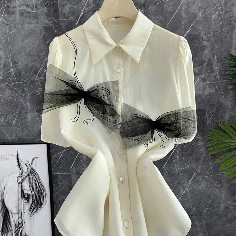 

Handmade Color Blo Knot ort Sve arp Collar irt Women's Trendy Top JS Cabinet New Arrival Polka Dot Commu...