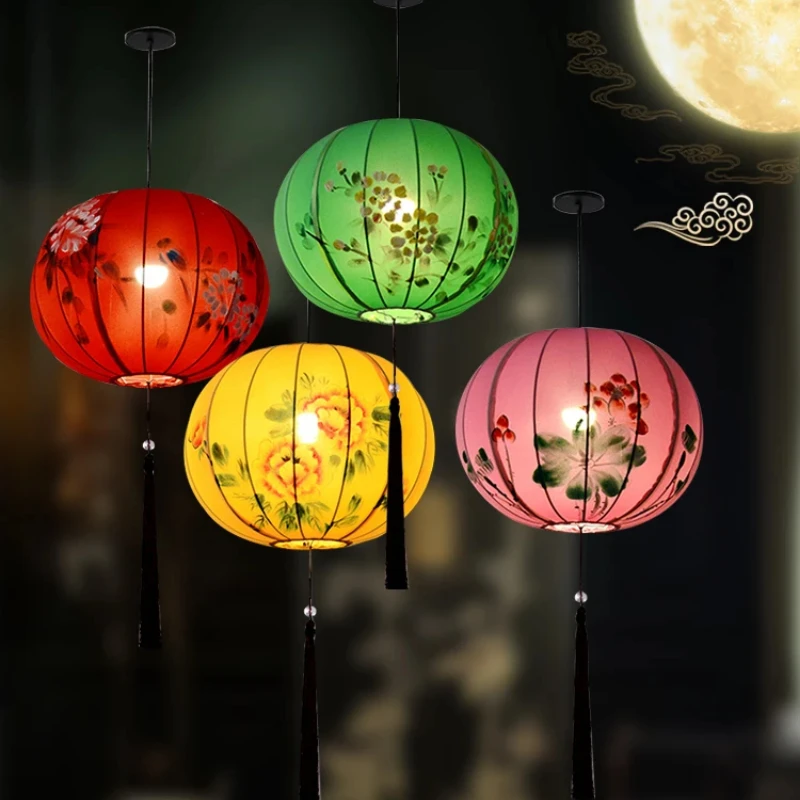 Chinese Creative Round Lantern Ancient Style Fabric Lamp Tea Room and Restaurant Decor Southeast Asia Inspired Design New