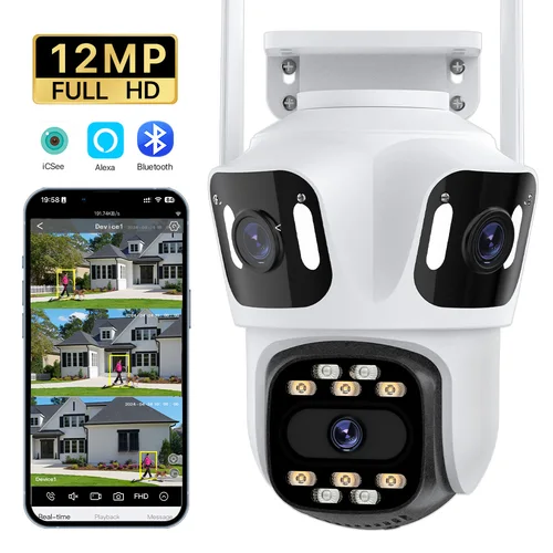 Cámara IP de 12MP con tres lentes y tres pantallas, WiFi, lente Dual externa, seguimiento automático, seguridad PTZ, cámara HD de 8MP, videovigilancia iCsee