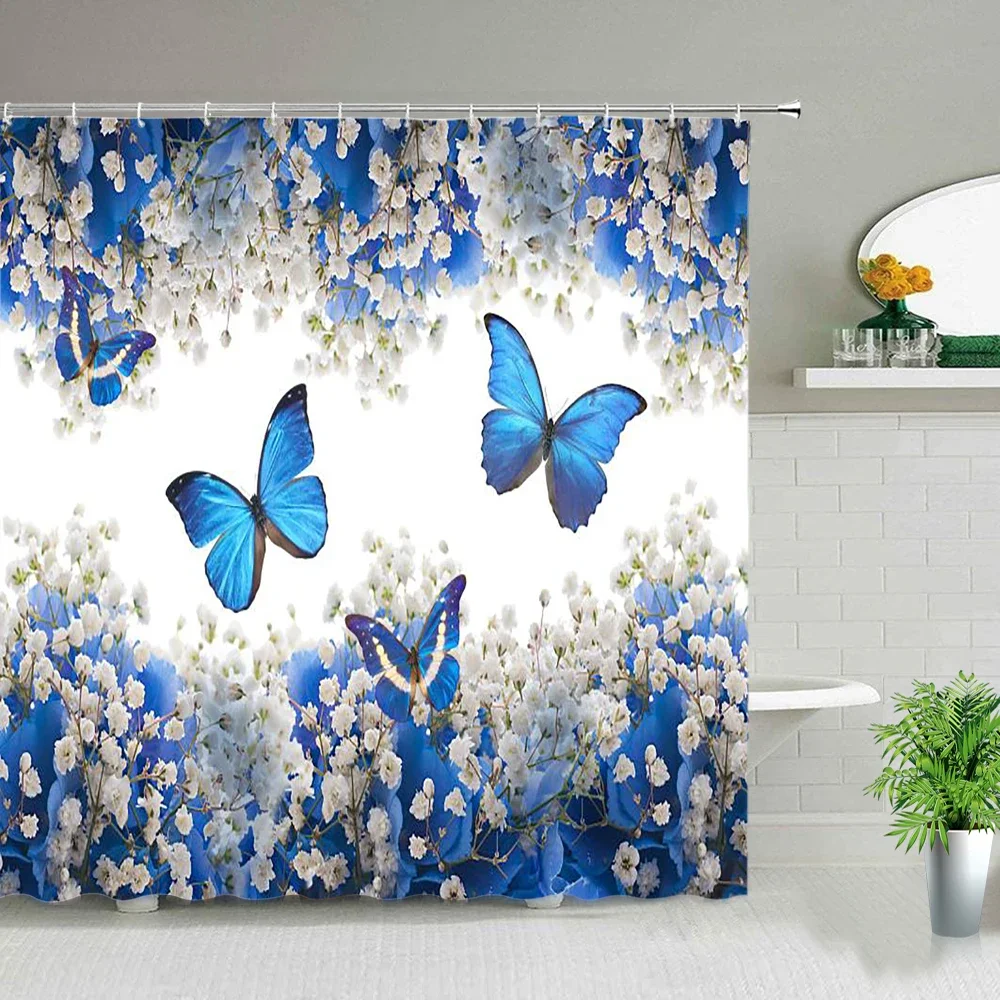 Lavender Flowers Shower Curtain Set Spring Scenery Red Flower Plant Tulip Butterfly 3d Print Bath Curtains Bathroom Home Decor