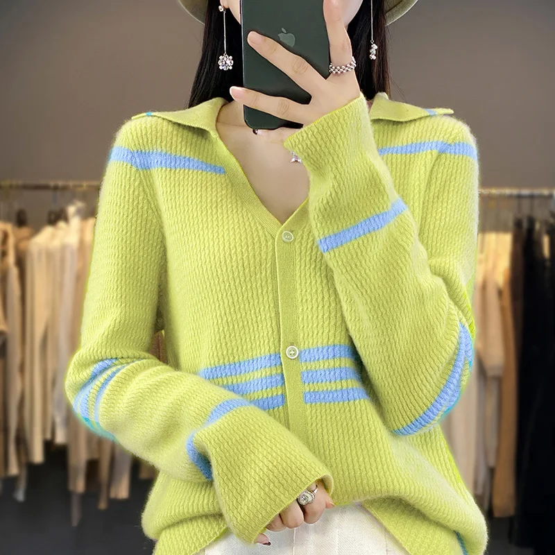 Autumn/Winter New 100% Wool Cardigan Women's Casual Striped Knitted Tops Combination Collar Blouse Women's Coat Fashion