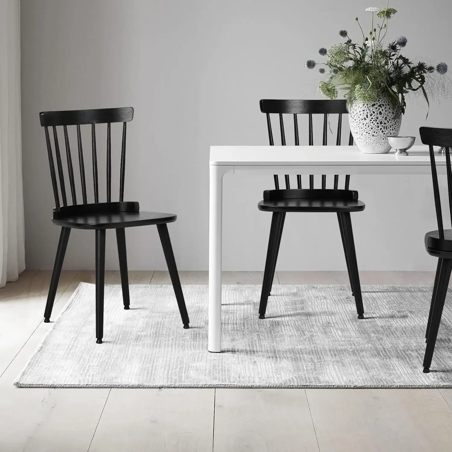 Dining Chair Set of 6 Farmhouse Solid Wood Spindle Back Side Chair Mid-Century Modern Black Armless Kitchen Chair for Di