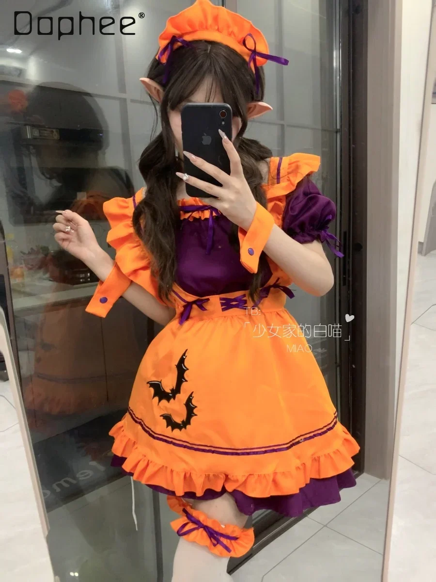 

Halloween Lolita Maid Cosplay Costumes Women Bat Print Pumpkin Dress Apron Outfits Party Clothes Witch Performance Waitress