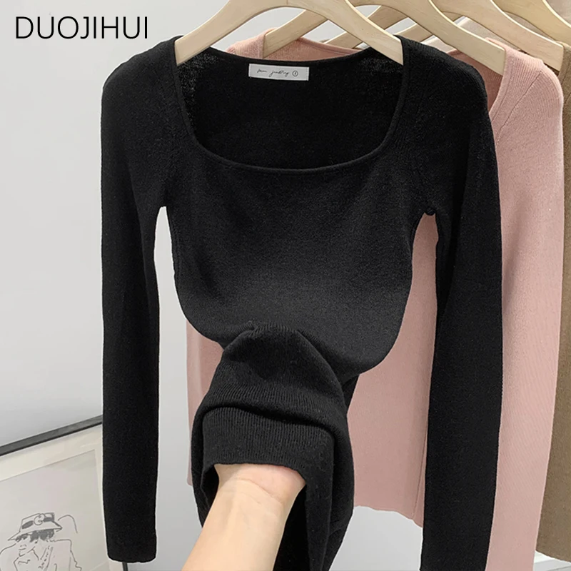 DUOJIHUI-Pulôveres chiques de pescoço quadrado para mulheres, manga comprida, magro, escritório básico, cor pura feminina, moda simples, feminino,