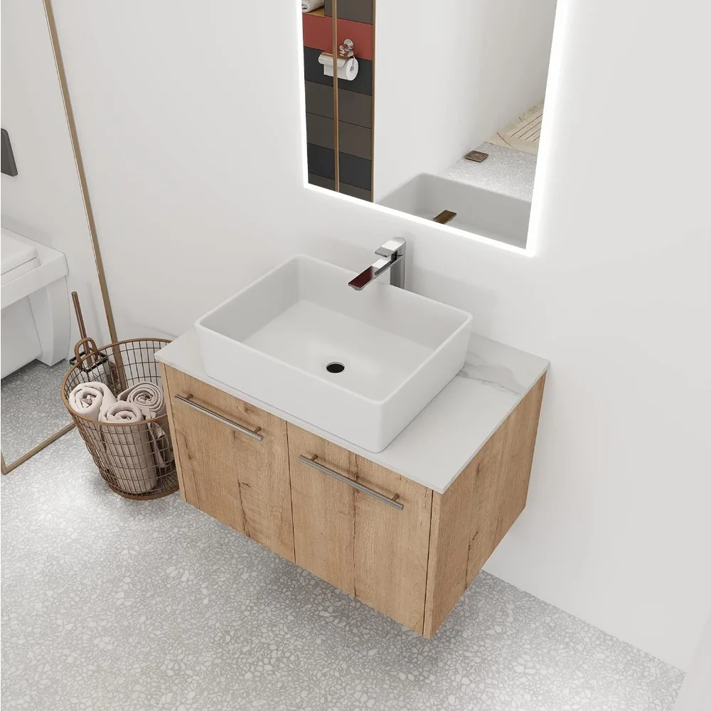 30 Inch Bathroom Vanity with Sink, White Flat Stone Countertop Ceramic Sink, Modern Wall Mount Floating Bathroom Vanity Set