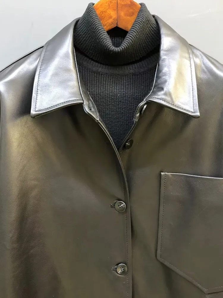 Giacca da donna in vera pelle alla moda Colletto couverture Cappotto casual monopetto da lavoro Lady Capispalla in pelle di pecora naturale vestibilità ampia