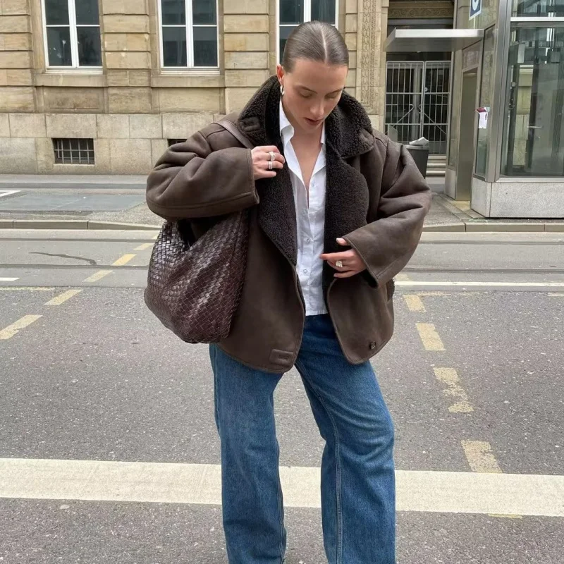 

Women's Autumn Winter New European and American Style Plus Size Fashion Fur-Lined with Turn-Down Collar