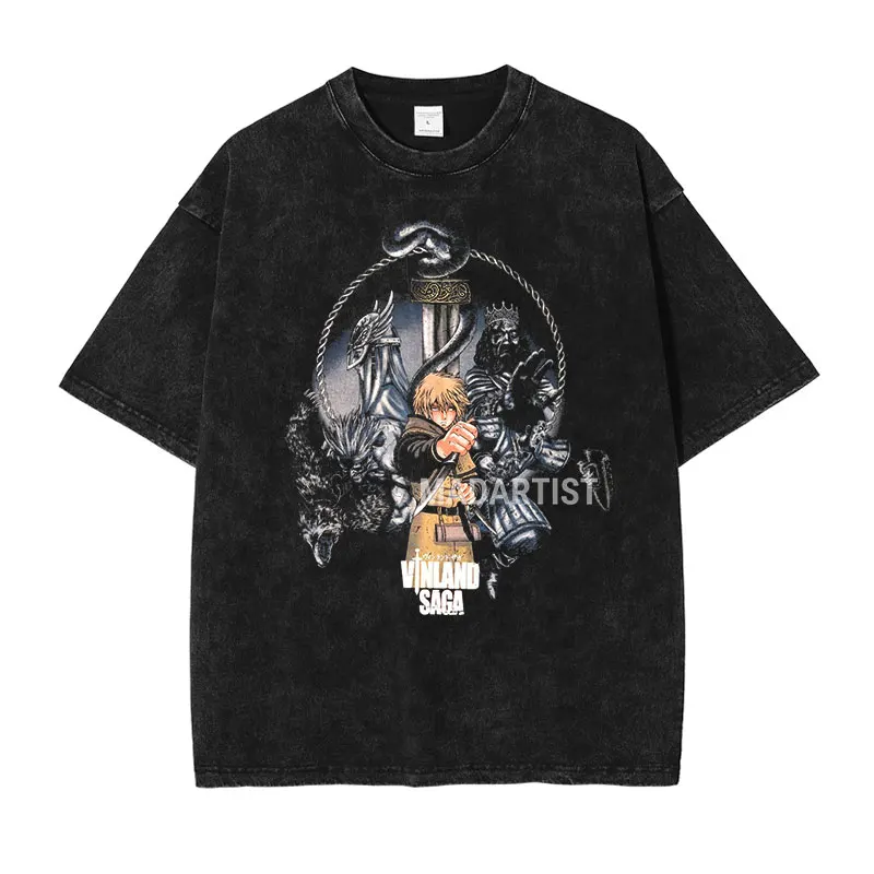 Anime Vinland Saga T Shirts Vintage Washed Thorfinn T-shirt Oversized Short Sleeve Harajuku Streetwear Tops Tees Man 100% Cotton