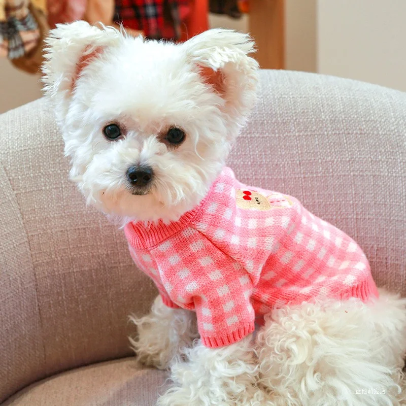 1PC Pet Clothing Cat Pink Plaid Rabbit Autumn and Winter Thickened Warm Knitted Sweater Suitable for Small and Medium sized Dogs