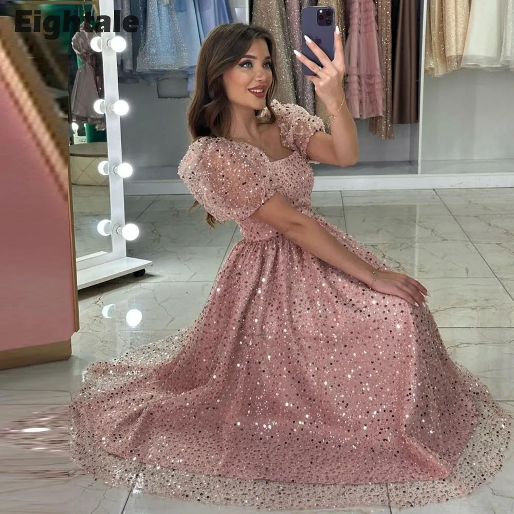 

Eightale Sparkly Prom Dresses Short Sleeves Sequined Arabic Mother and Daughter A-Line Evening Party Gown Vestidos de fiesta