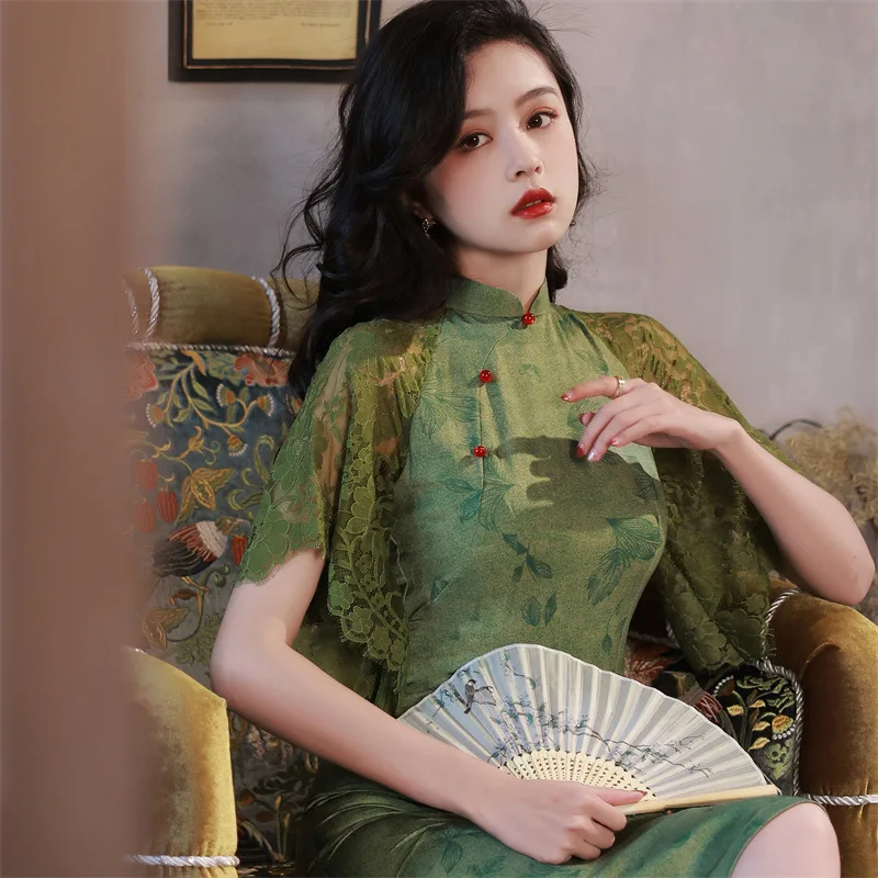 

2023 Green Mid Long Cheongsam Slim Vintage Lace Sleeve Women Floral Dress Girl Summer S To XXL Chinese Style Dresses