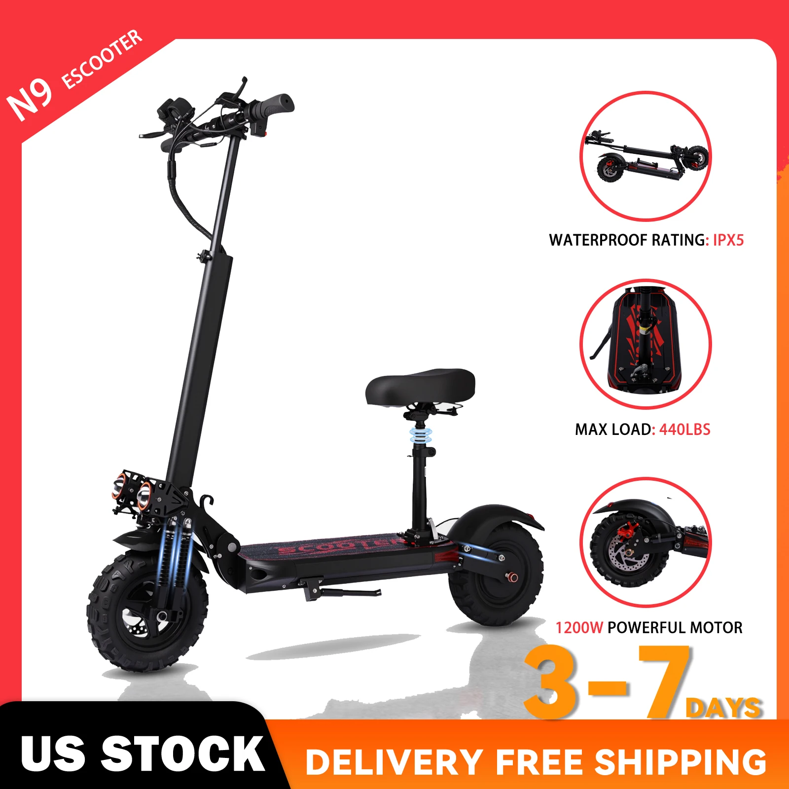 

1200W Foldable N9 Adult Electric Scooter with Seat, Top speed 32MPH, 48V 18Ah Battery, Dual Suspension E-scooter For Commuting