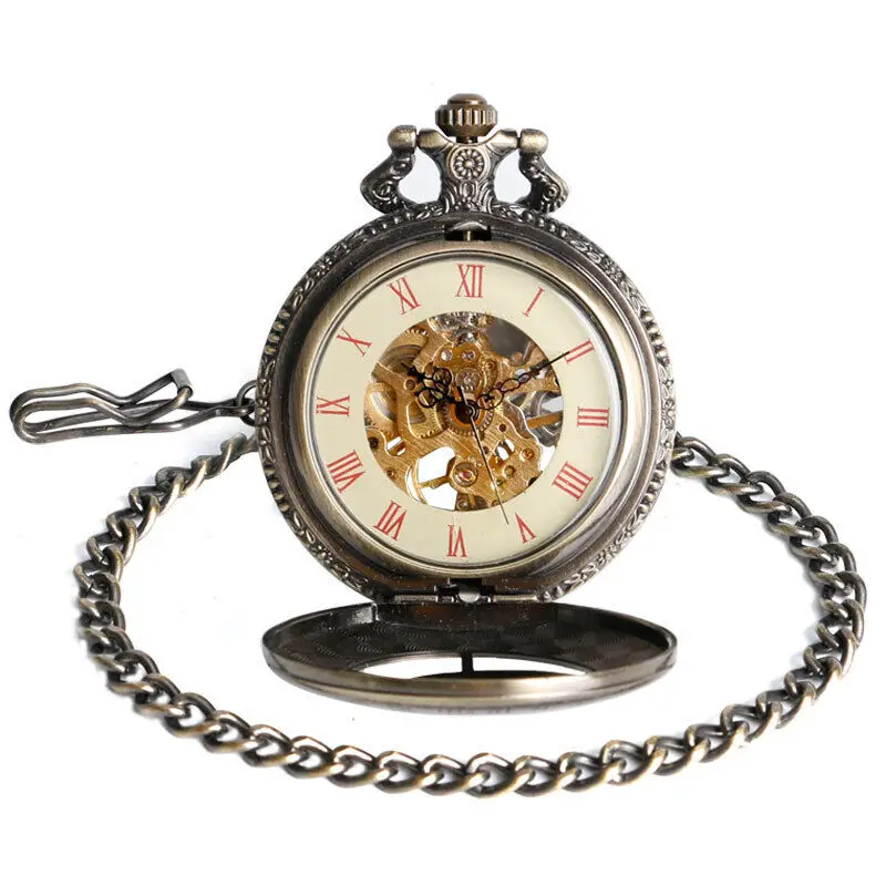 Steampunk Pocket Watch Bronze Tone Case Men's Mechanical Windup Chain Roman Numeral Display Nice Gift