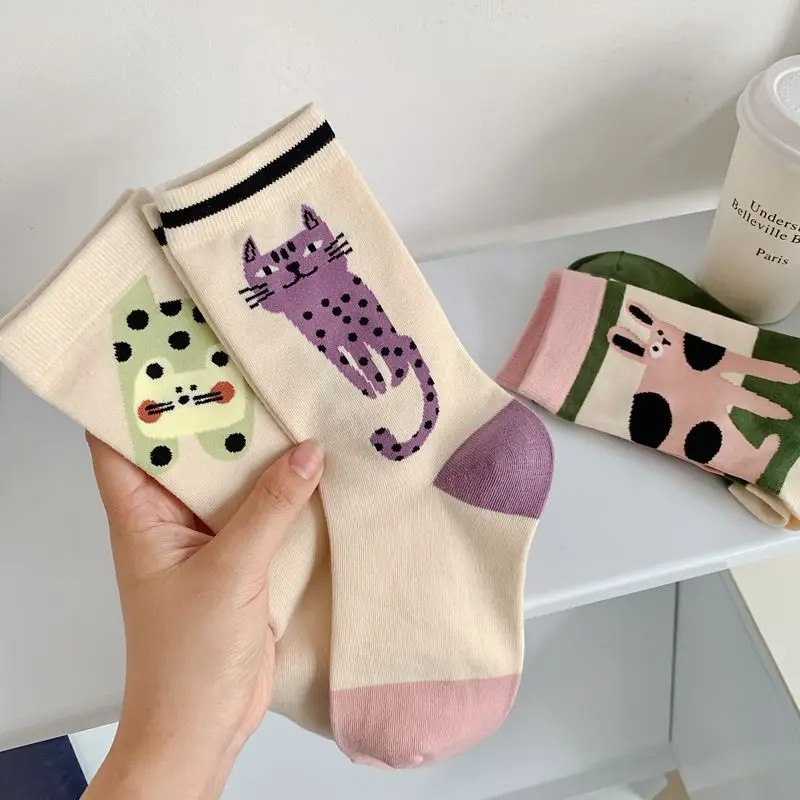 1/4 Paar Frühlings-Herbst-Cartoon-Katzen-Freizeitsocken, trendig, vielseitig, niedlich, einfach zu tragen, einfach, bequem, mittellange Socken