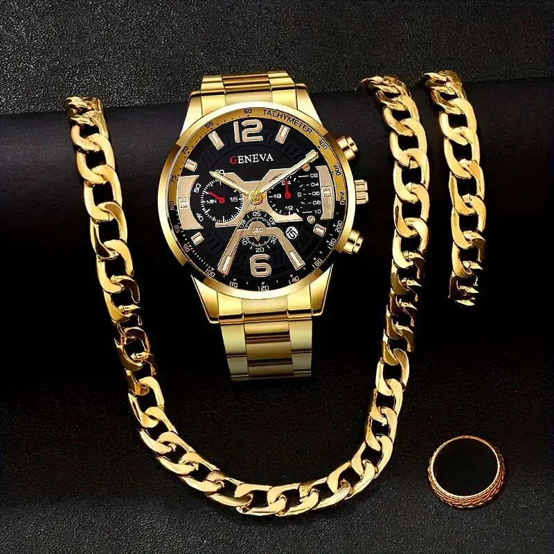 4pcs/set Men's Luxury Circular Calendar Quartz Watch+Jewelry Set, Casual Business Sports Style, Men's Watch