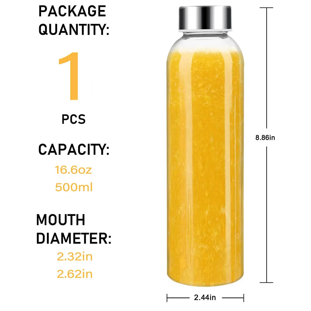 16.6 oz Clear Glass Bottle, Reusable Glass Water Bottle for Juicing, Refrigerator, 100% Leak - Proof, BPA-Free and Eco-Friendly