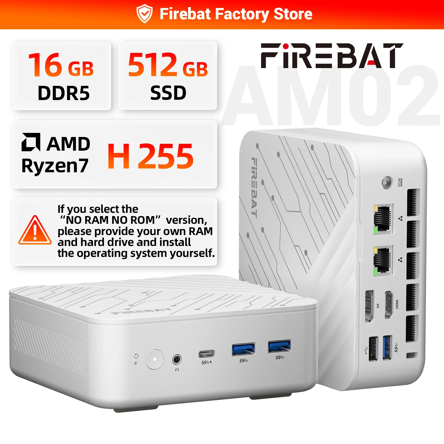 

Мини-ПК FIREBAT AM02 AMD Ryzen7 H 255, 16 ГБ DDR5 ОЗУ, 512 ГБ SSD, WIFI6, BT5.2, 4A1C, два порта RJ45, 3*4K дисплея, компактный игровой компьютер