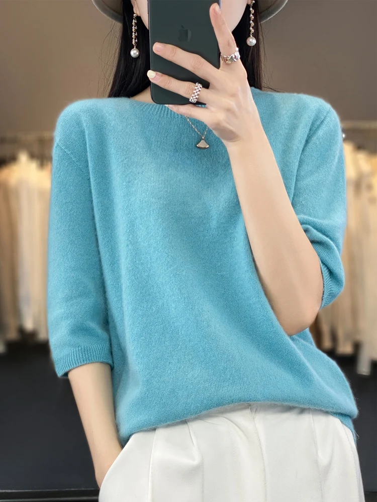 

Весенне-летний женский шерстяной свитер-футболка с коротким рукавом, круглым вырезом, однотонный, 100% мериносовая шерсть, вязаный, базовый топ из кашемира