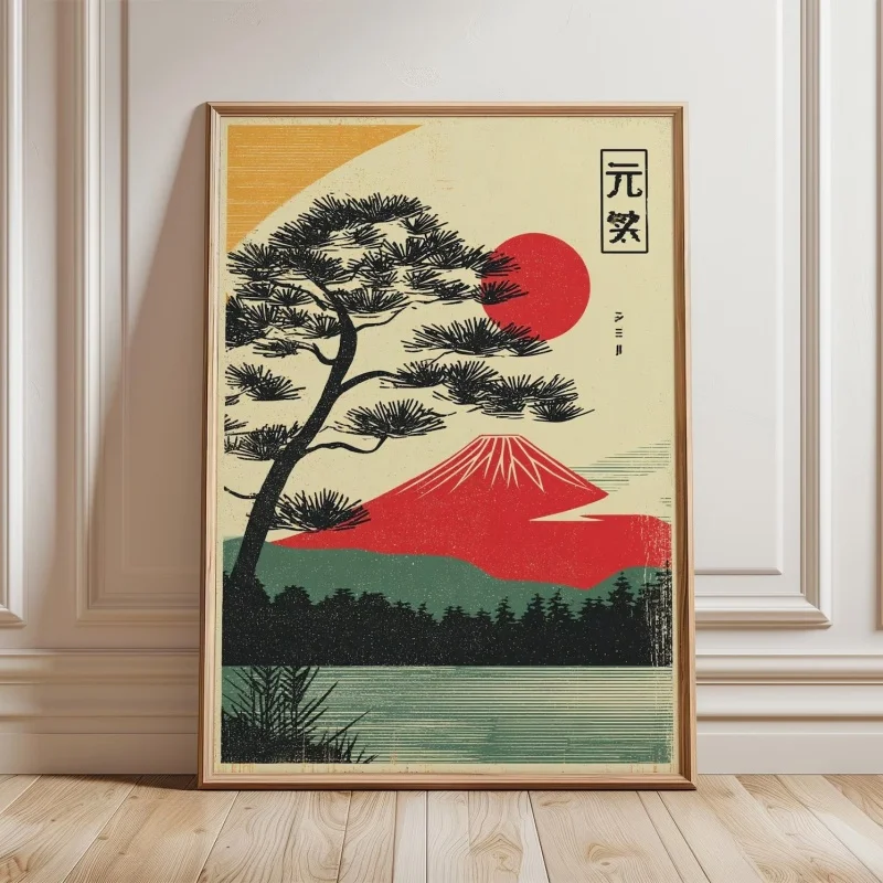 1pc frameless Canvas Painting Japanese Mount Fuji Frameless Poster, Minimal Landscape Wall Art, Rising Sun Print, Zen Nature Dec