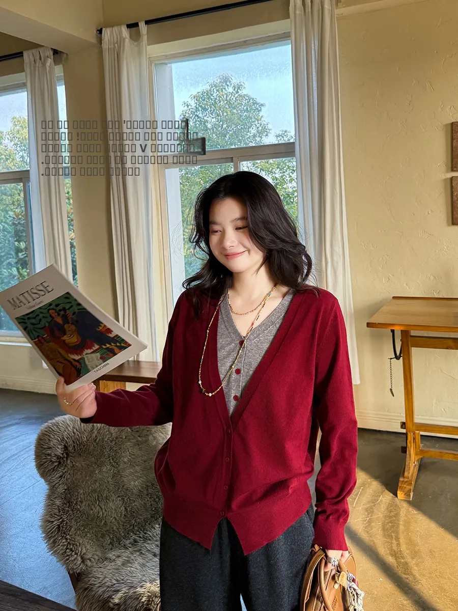 

V-Ne Wool Blend Knit Sweater Soft Retro Red Color Blo Slimming Fake Two-Piece Sle Casual Wear for Women by Annforest