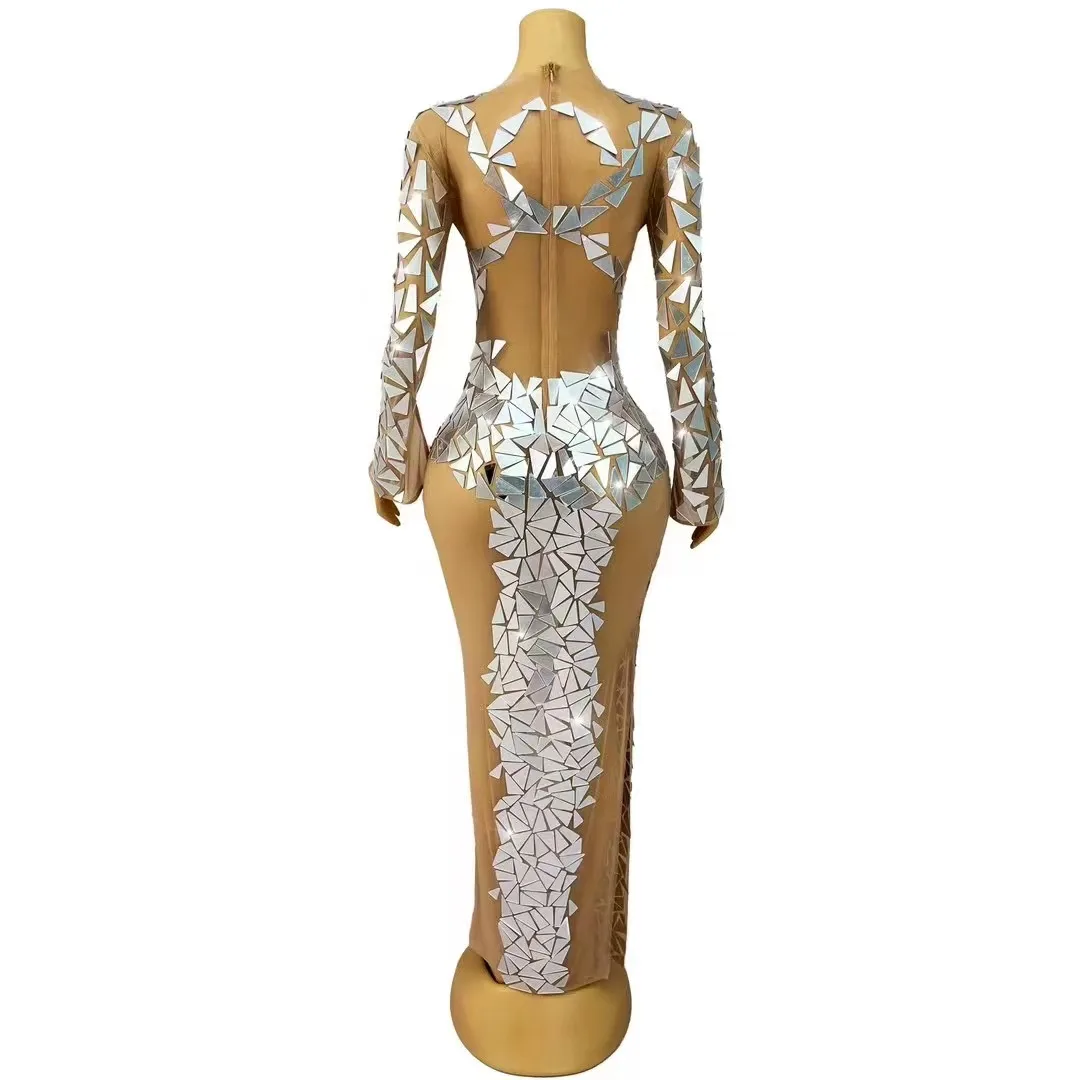 Women Shiny Silver Mirrors Mesh Hollow out Long Sleeves Dress Sexy Evening Birthday Celebrate Party Dance Performance Costume