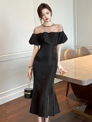 Elegant Luxury Evening Dress Women Clothes  Mesh Sheer Sexy Bubble Sleeve Fishtail Robe Birthday Party Prom Vestidos