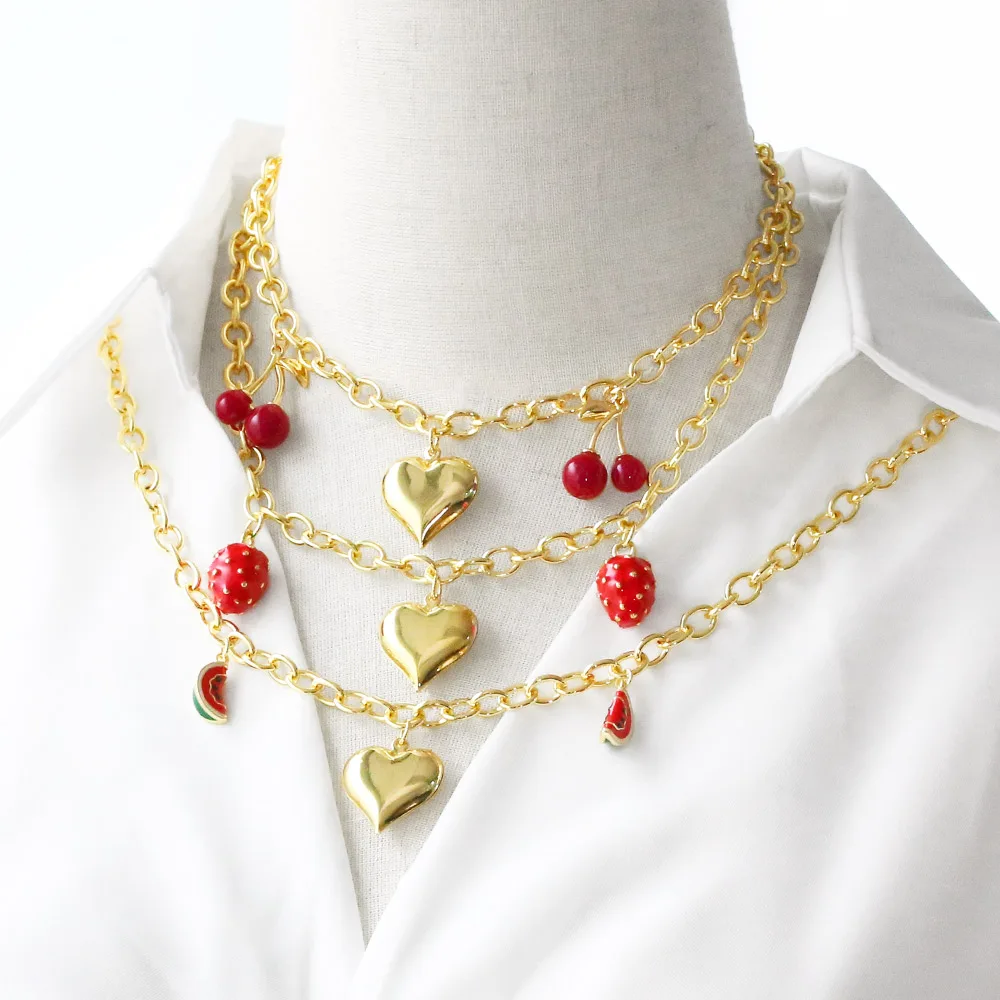 FLOLA Sweet Girls Valentine Jewelry Red Cherry Strawberry Necklaces for Women U Shaped Chain Choker Fruit Jewelry nkeb265