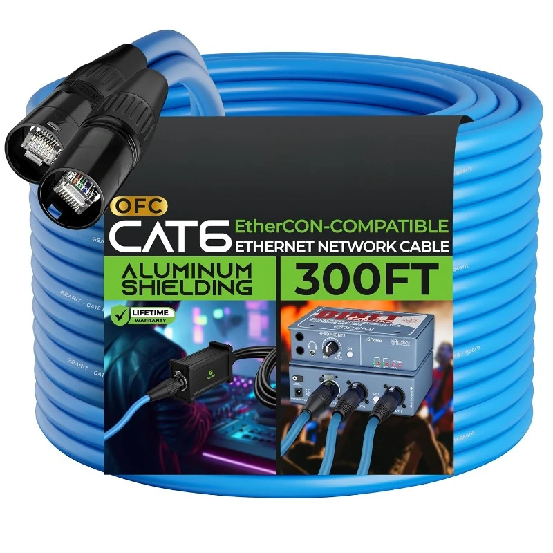 CAT6 Ethernet Cable, EtherCON-Compatible (300 Feet) RJ45 Connectors for Pro Audio, Aluminum Shielded, Oxygen Free Copper