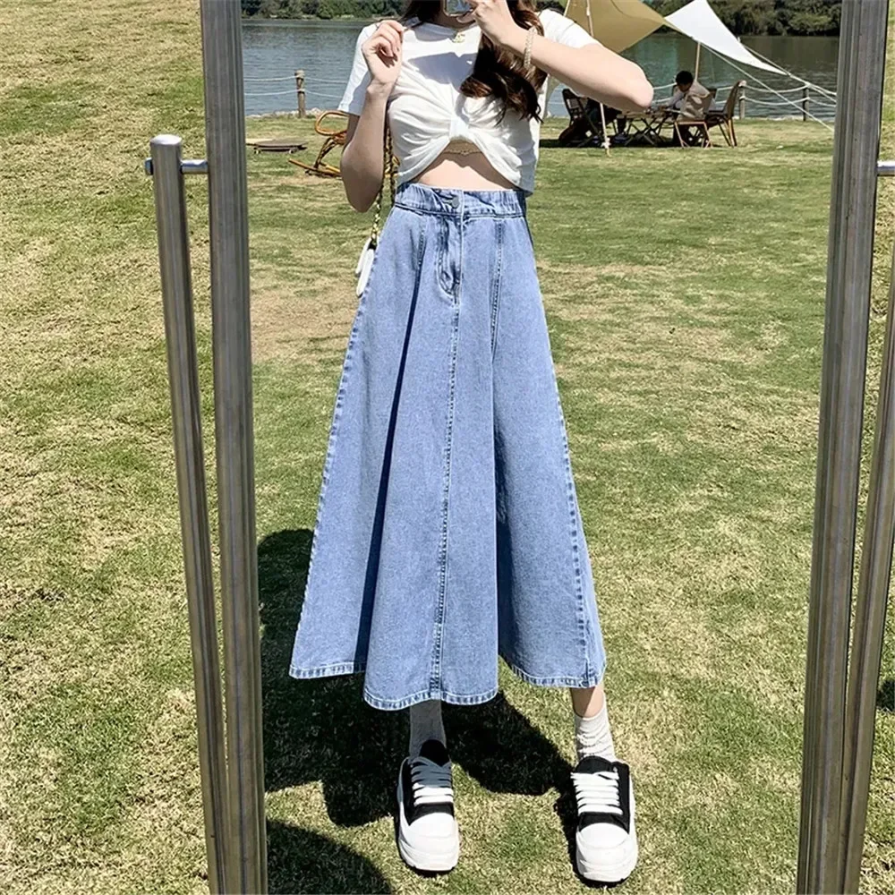 

Vintage Splicing Long Denim Skirts Jeans Summer High Waist Pleated Skirt Women Korean Fashion Blue Wild Simple Midi Saia F35