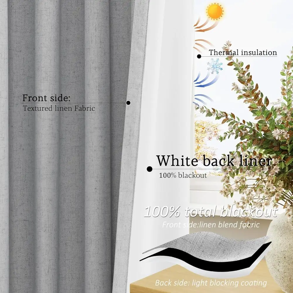 84 100% 린넨 암막 커튼, 2패널 세트, 단열, 거실 및 침실용 룸 다크닝