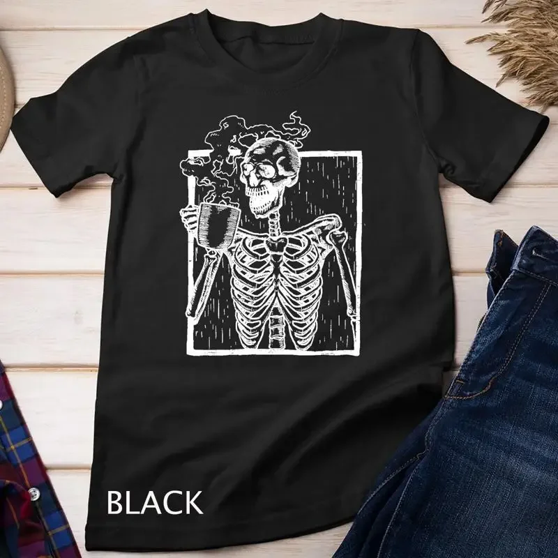 Distressed Skeleton Vintage Smiling Skull drinking Coffee T Shirt Unisex T shirt