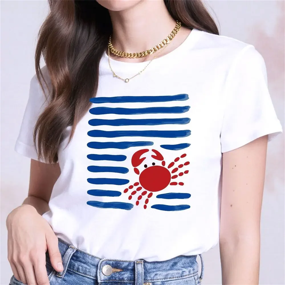 Summer Casual Women's Tee Blue Striped Crab Graphic Short Sleeve Y2k Top Easy Print Design Affordable Fashion Cheap Clothes