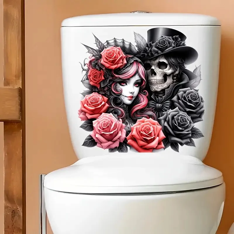 

Skeletons With Flowers Toilet Stickers, Bright Bathroom for Home Decoration, Vinyl Car Decals, Art Wall Paper, Poster