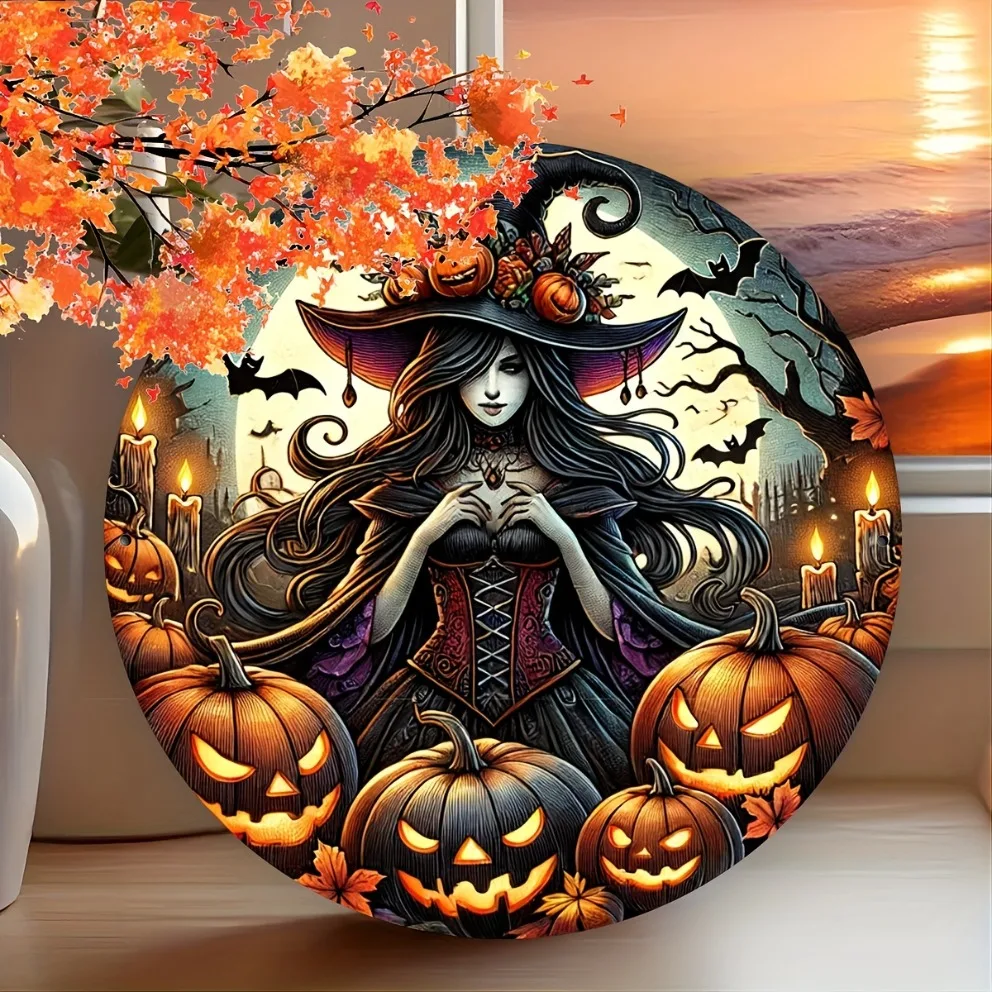 Skurrile Halloween-Metallschild mit Hexe und Kürbis – runde Dekoration für Küche, Café, Garage, Bar, Veranda, Terrasse, gruseliger saisonaler Akzent**