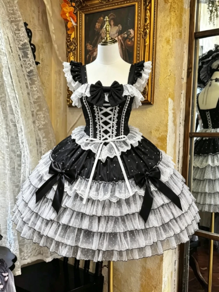 Sweet Kawaii Japanese Lolita JSK Sleeveless A-line Dress Y2K Fashion Lace Strap Lovely Outfit for Girls Holiday Party Gathering