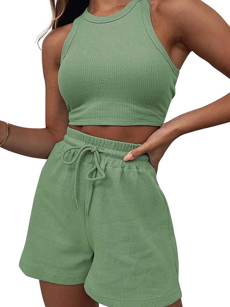 Womens Two Piece Outfits Summer Shorts Sets Ribbed Sleeveless Crop Tank Top and Shorts Pockets Tracksuits Waffle Lounge Sets