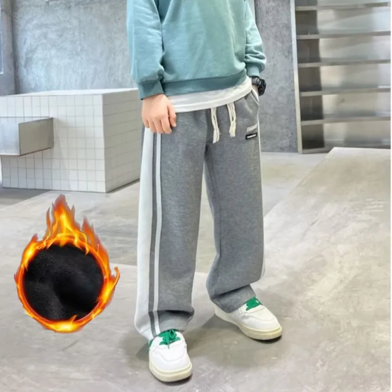 

Boys' Autumn Pants Boys' Plush Pants Mid To Big Kids' Spring And Autumn New Sports Leisure Time Pants Handsome And Trendy