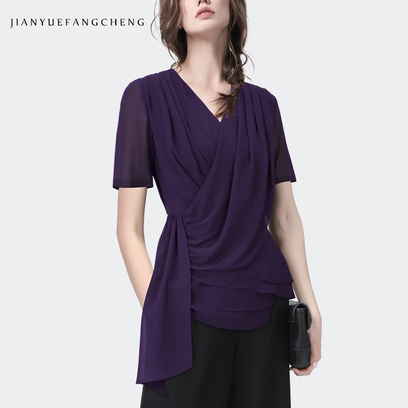 Fashion V-Neck Slim Women\' Short Sleeve Purple Chiffon Top Summer Blouses Asymmetrical Ribbon Design Casual Working Shirts