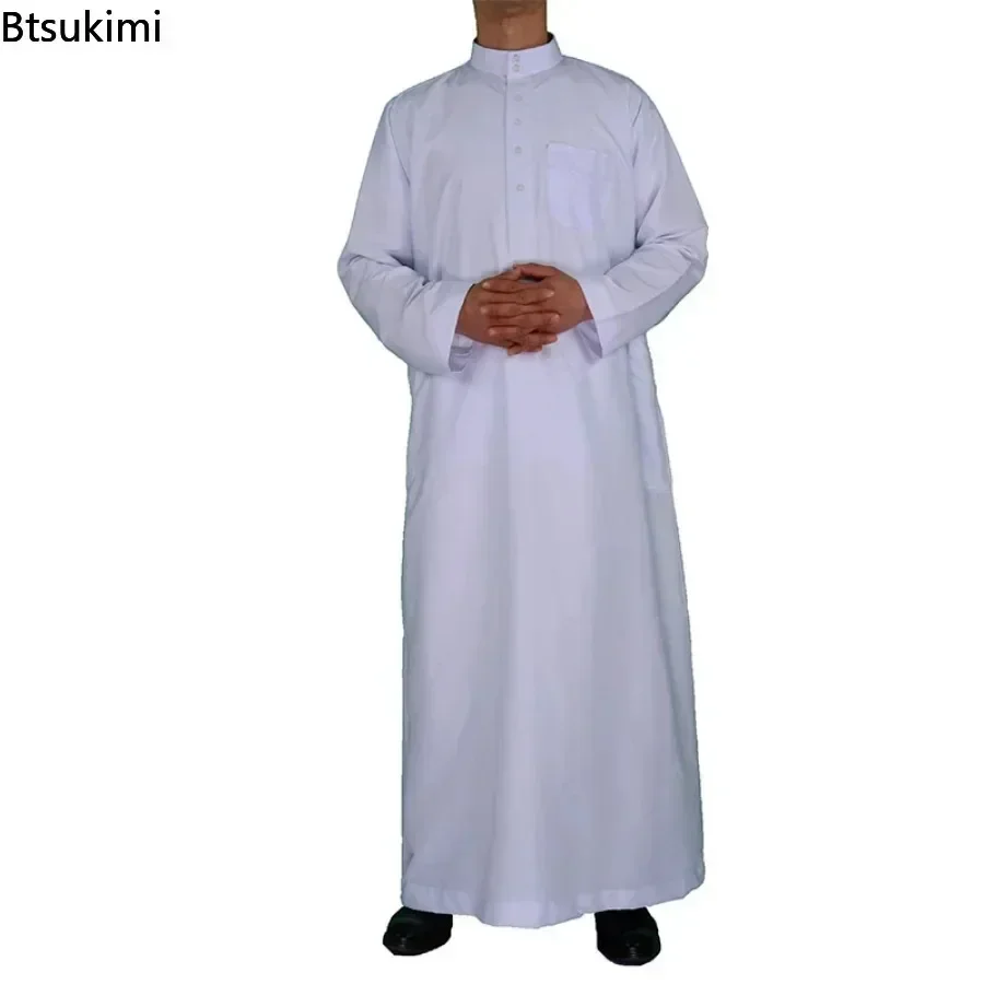 2025 Men's Muslim Fashion Long Sleeve Abayas Saudi Arabic Solid Color Loose Kaftan Modest Robe Men Musulman Costumes Jubba Thobe