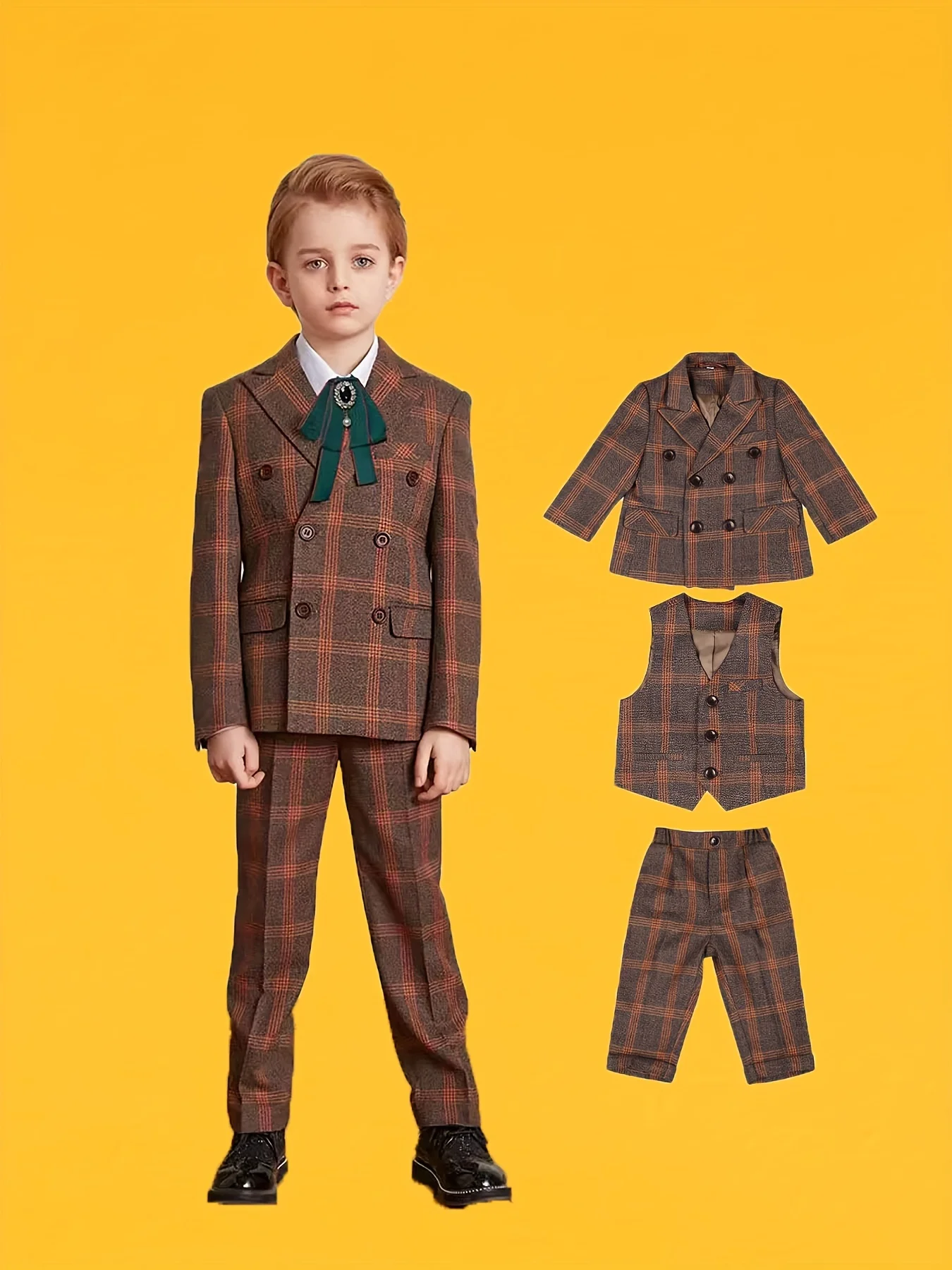 

1-11Years Kids Retro Plaid 3Pieces/Set Jacket Vest Pants Clothing Set Flower Boys Wedding Dress Children Photography Blazer