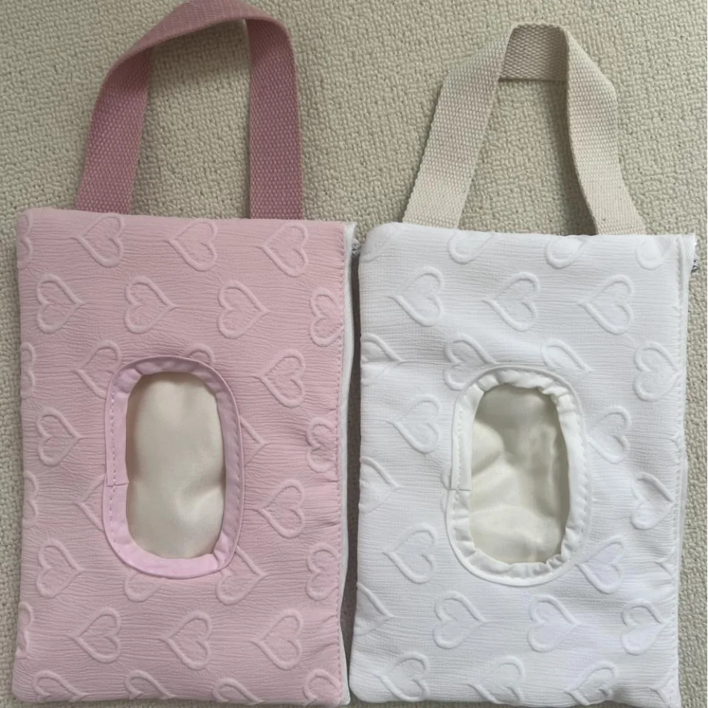 Ins Cream Pink White Heart Flip Cover Tissue Box Wet Wipes Case Car Hanging Bag Paper Holder Storage Napkin Storage Hanging Box