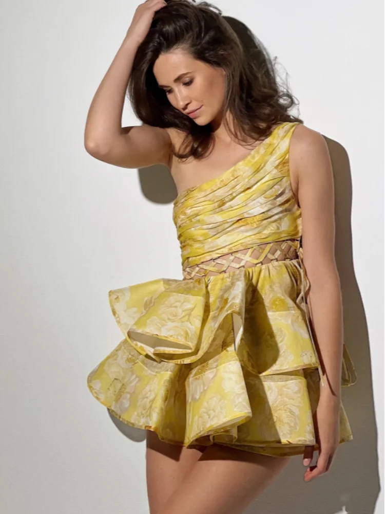 Feminino elegante flor impresso mini vestido ombro inclinado sem costas em camadas plissado rendas até retalhos a linha robe y2k vestido de noite