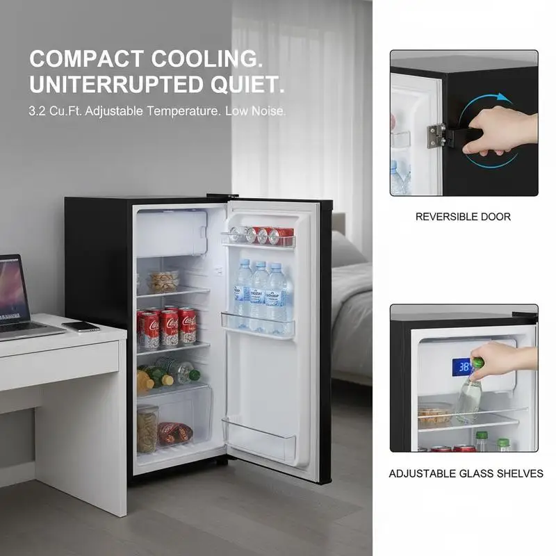 Compact Cooler 3.2 Cu.Ft For Bedroom Dorm Office, Adjustable Temperature Glass Shelf Energy Efficient Single Door Reversible Door Low Noise Black