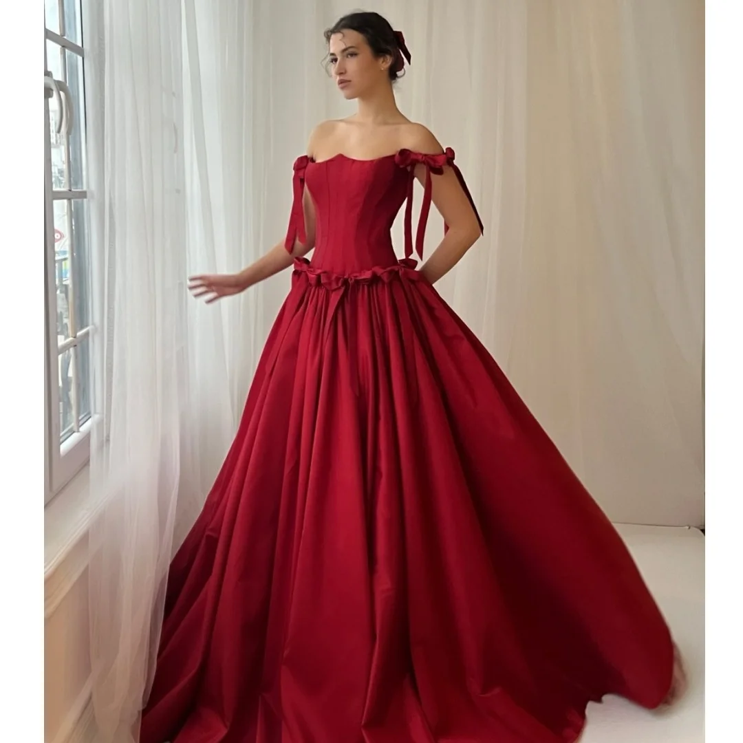 Abiti da sera rossi retrò Abito lungo con corsetto bustier con fiocchi Abito da cerimonia nuziale pieghettato in raso Abiti formali personalizzati