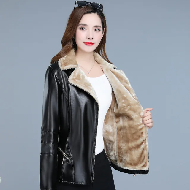 Faionable Thiened ort Biker cuero Jaet mujer Otoño Invierno PU cuero piel intercalada ropa Casual para talla grande