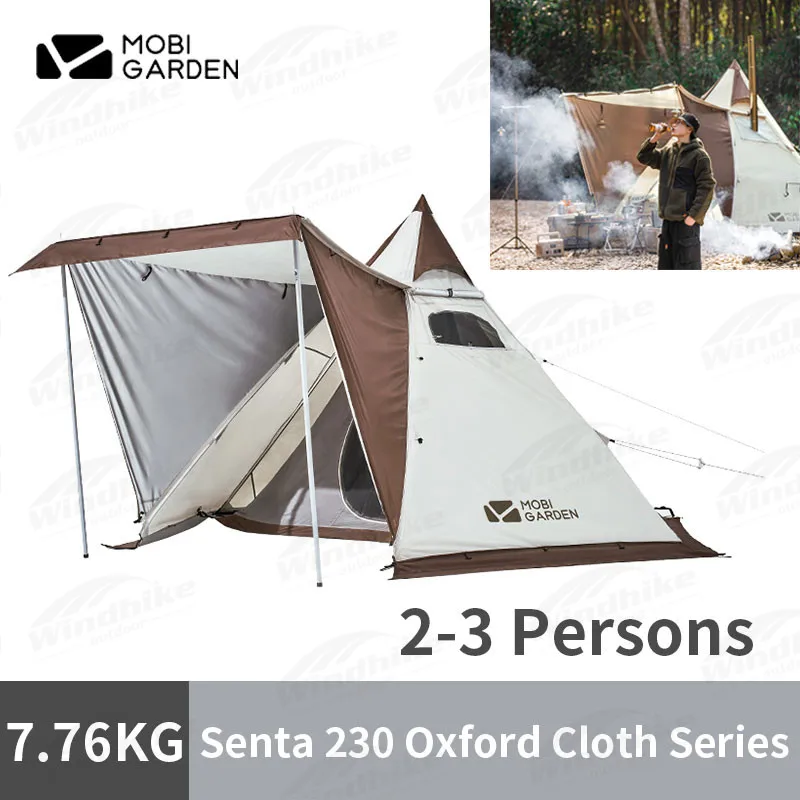 MOBI GARDEN Camping Pyramid Tent 2-4 Person 150D Oxford Thick 4 Season Outdoor Tent With Chimney Hole Snow Skirt Tarp Tower 230