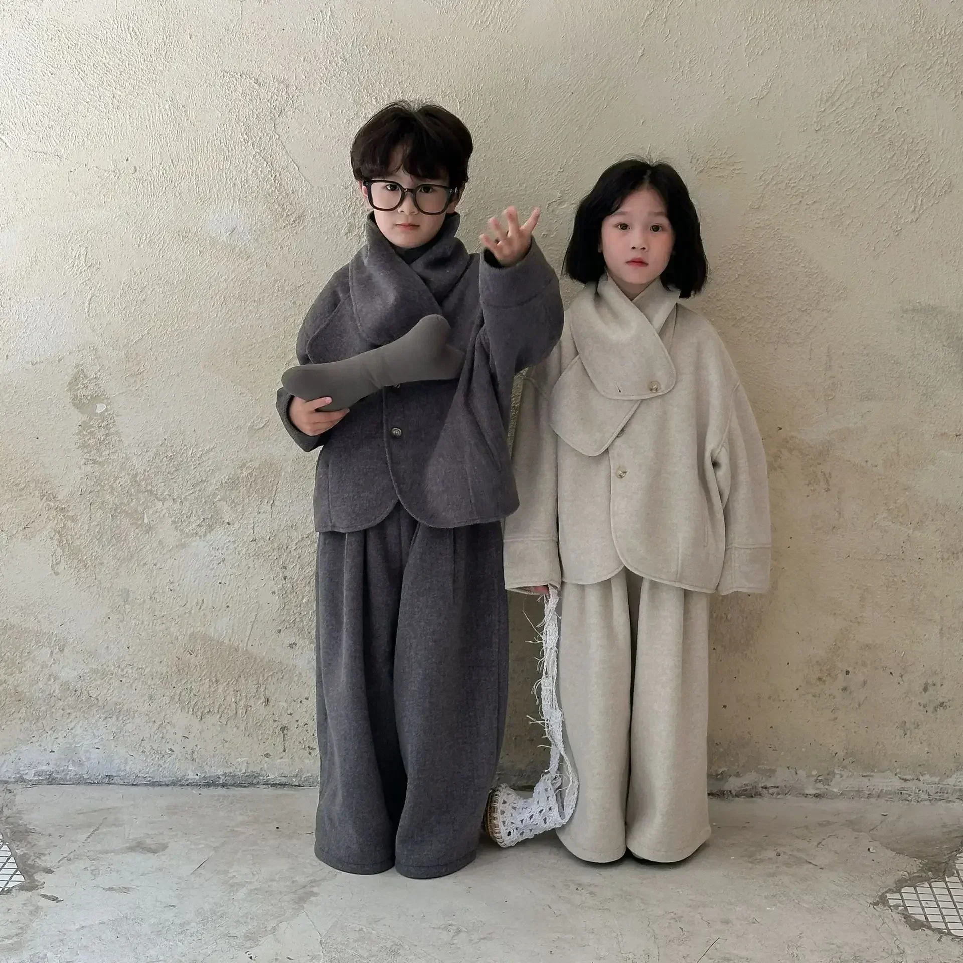 2024 Winter New Suit Boy Sand Girls Korean Simple Casual Style Solid Color Kids Thickened Long Sleeve Long Pants Set