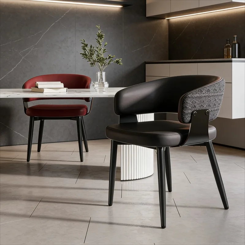 hh-Modern Dining Chair with Leather Upholstery, Patterned Fabric Back Panel, Curved Armrests Chair for Kitchen & Dining Room^