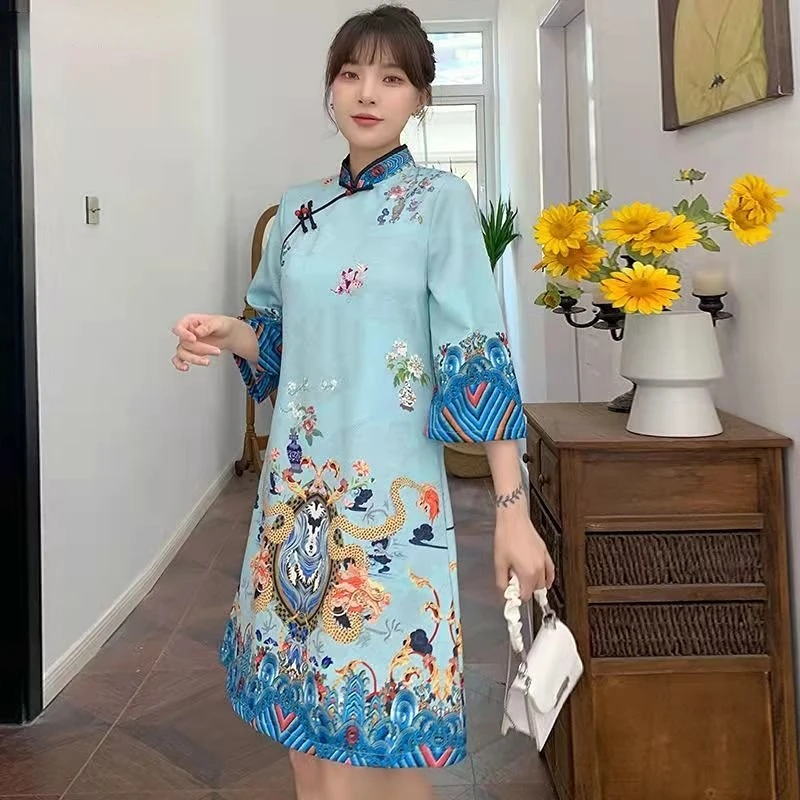 Red Blue Loose 2024 New Fashion Modern Chinese Cheongsam A-line Dress Women 3/4 Sleeve Qipao Traditional Chinese Clothes