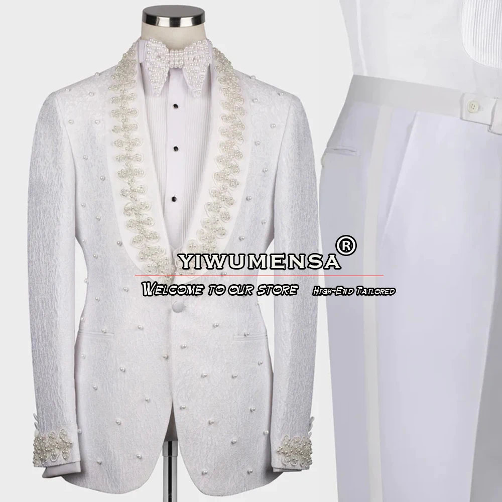 Boyfriend Suits White Floral Blazer Men's 3 PCS Beaded Lapel Jacket Vest Pants Groom Wear Wedding Tuxedos Customized Prom Dress